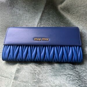 Miu Miu Royal Blue Quilted Pleat Fold-Over Wallet